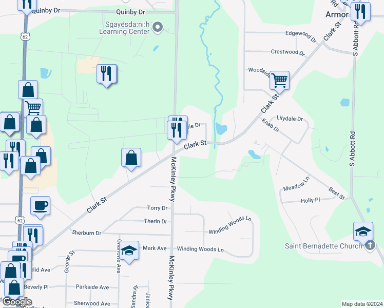 map of restaurants, bars, coffee shops, grocery stores, and more near 4589 Clark Street in Hamburg