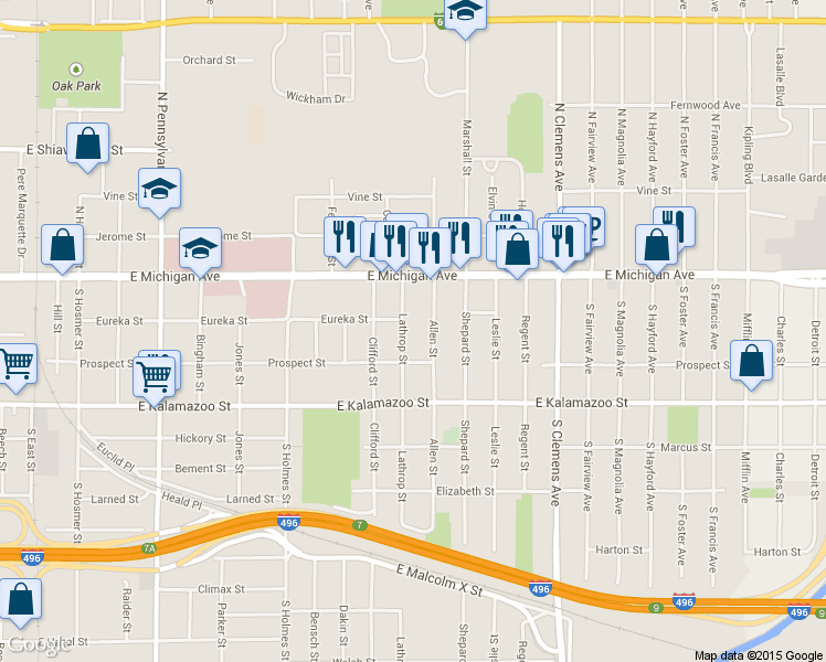 map of restaurants, bars, coffee shops, grocery stores, and more near 207 Lathrop Street in Lansing