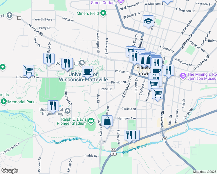 map of restaurants, bars, coffee shops, grocery stores, and more near 480 Irene Street in Platteville