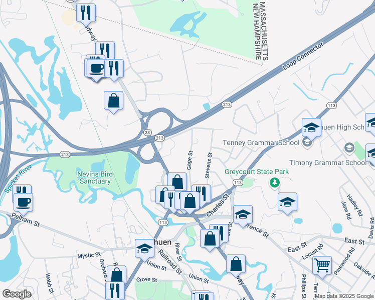 map of restaurants, bars, coffee shops, grocery stores, and more near 32 Gage Street in Methuen