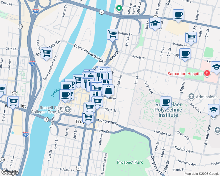 map of restaurants, bars, coffee shops, grocery stores, and more near 1838 5th Avenue in Troy