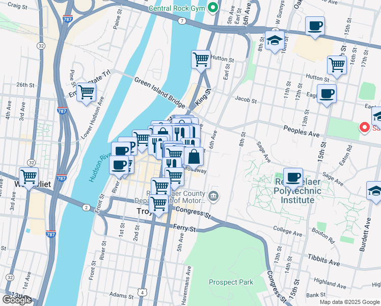 map of restaurants, bars, coffee shops, grocery stores, and more near 1838 5th Avenue in Troy