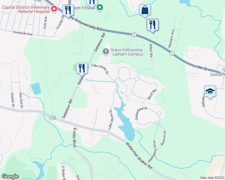 map of restaurants, bars, coffee shops, grocery stores, and more near 52-98 Lake Shore Drive in Watervliet