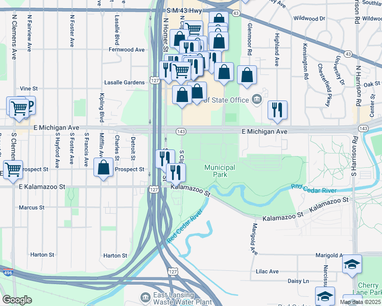 map of restaurants, bars, coffee shops, grocery stores, and more near 203 South Clippert Street in Lansing