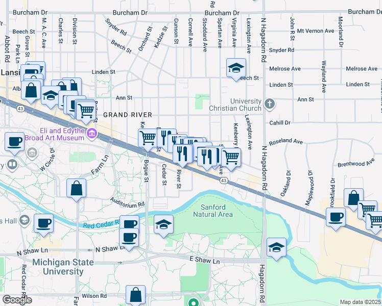 map of restaurants, bars, coffee shops, grocery stores, and more near 136 Milford Street in East Lansing