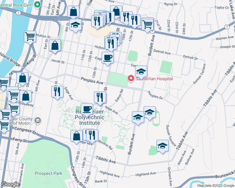 map of restaurants, bars, coffee shops, grocery stores, and more near 19 Eaton Road in Troy