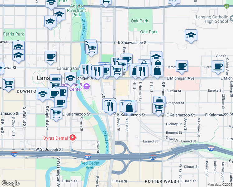 map of restaurants, bars, coffee shops, grocery stores, and more near 147 South Larch Street in Lansing