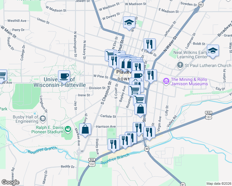 map of restaurants, bars, coffee shops, grocery stores, and more near 220 South Court Street in Platteville