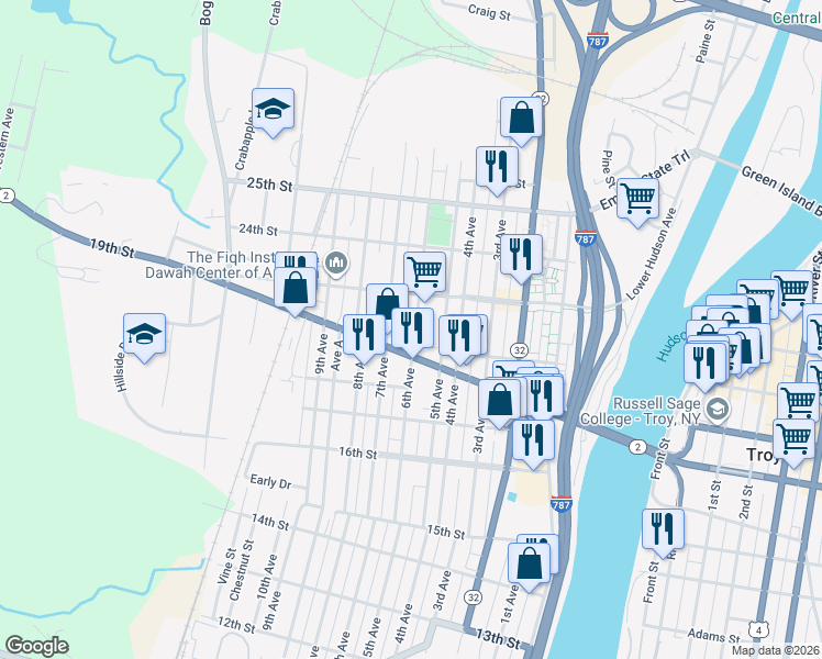 map of restaurants, bars, coffee shops, grocery stores, and more near 1925 6th Avenue in Watervliet