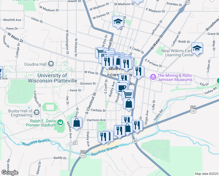 map of restaurants, bars, coffee shops, grocery stores, and more near 65 Mitchell Avenue in Platteville