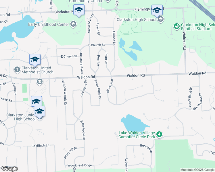 map of restaurants, bars, coffee shops, grocery stores, and more near 6479 Almond Lane in Clarkston