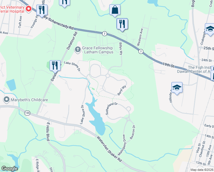 map of restaurants, bars, coffee shops, grocery stores, and more near 2600 Beryl Way in Watervliet
