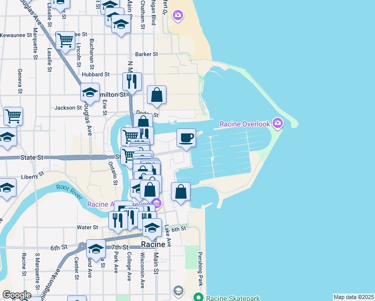 map of restaurants, bars, coffee shops, grocery stores, and more near 34 Gas Light Drive in Racine