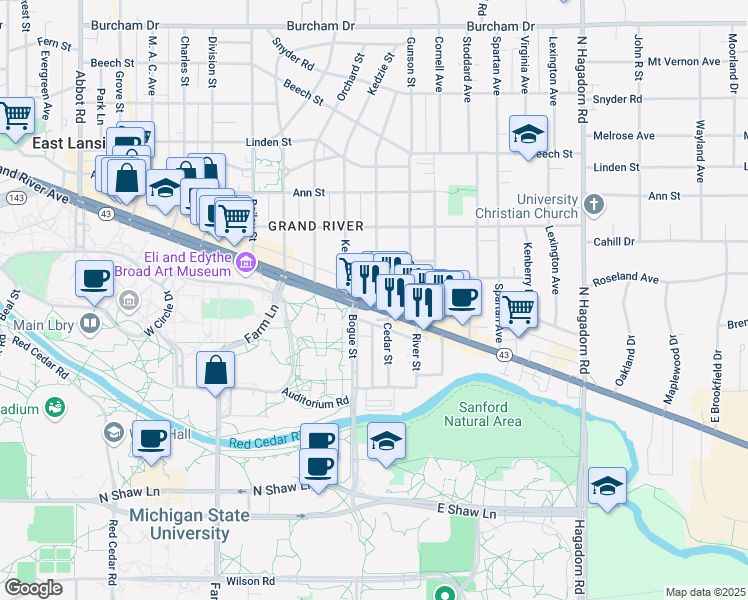 map of restaurants, bars, coffee shops, grocery stores, and more near 935 Michigan 43 in East Lansing