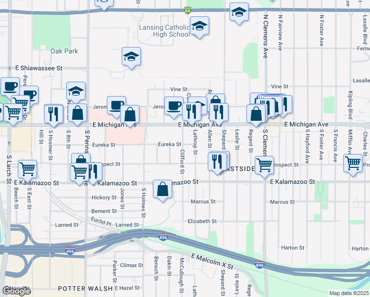 map of restaurants, bars, coffee shops, grocery stores, and more near 205 Clifford Street in Lansing