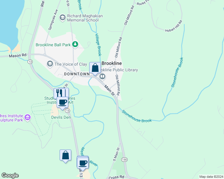 map of restaurants, bars, coffee shops, grocery stores, and more near 22 Main Street in Brookline