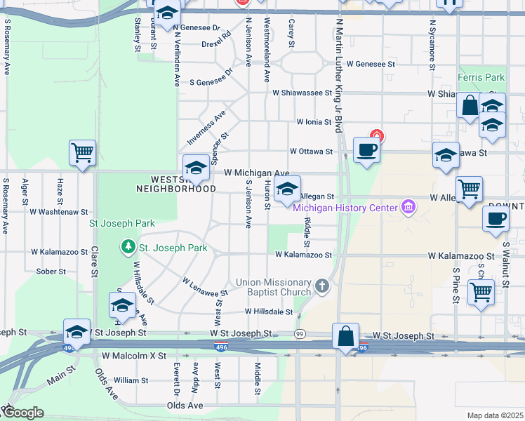 map of restaurants, bars, coffee shops, grocery stores, and more near 216 Huron Street in Lansing