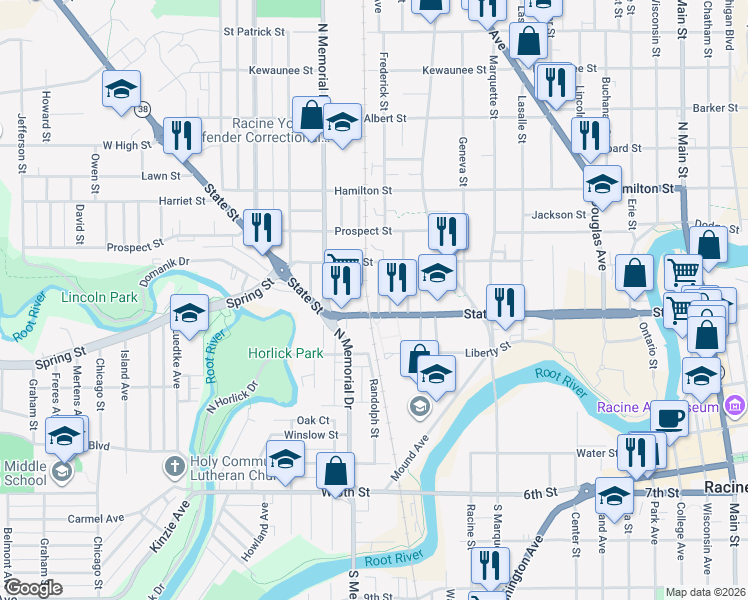 map of restaurants, bars, coffee shops, grocery stores, and more near 922 Garfield Street in Racine