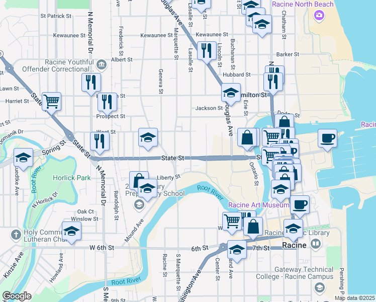 map of restaurants, bars, coffee shops, grocery stores, and more near 916 Lasalle St in Racine