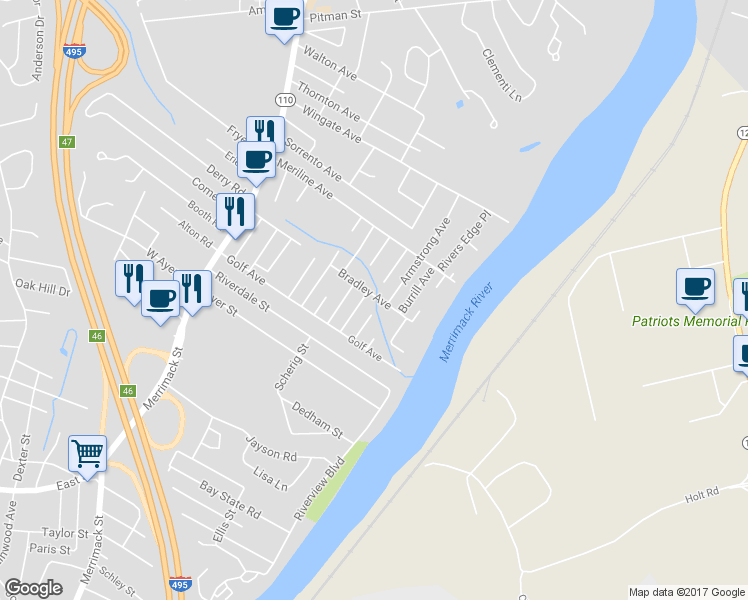map of restaurants, bars, coffee shops, grocery stores, and more near 99 Bradley Avenue in Methuen