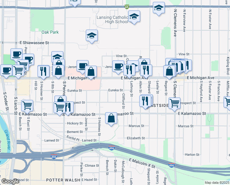 map of restaurants, bars, coffee shops, grocery stores, and more near 1346 Eureka Street in Lansing