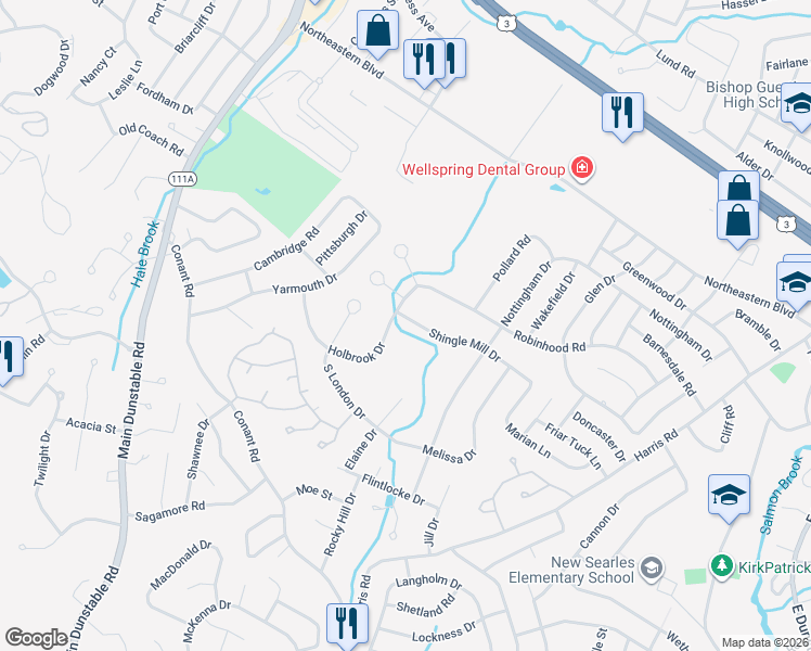 map of restaurants, bars, coffee shops, grocery stores, and more near 5 Shingle Mill Drive in Nashua