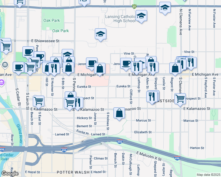 map of restaurants, bars, coffee shops, grocery stores, and more near 1300 Eureka Street in Lansing