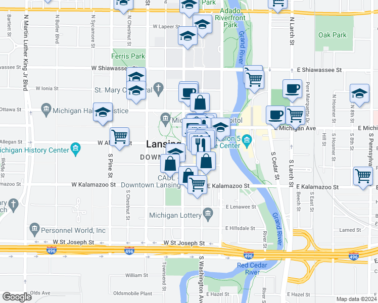 map of restaurants, bars, coffee shops, grocery stores, and more near 215 South Capitol Avenue in Lansing
