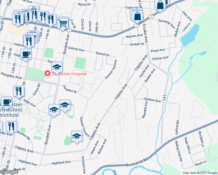 map of restaurants, bars, coffee shops, grocery stores, and more near 220 Sunset Terrace in Troy