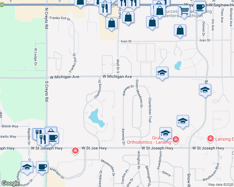 map of restaurants, bars, coffee shops, grocery stores, and more near 211 Cortina Trail in Lansing