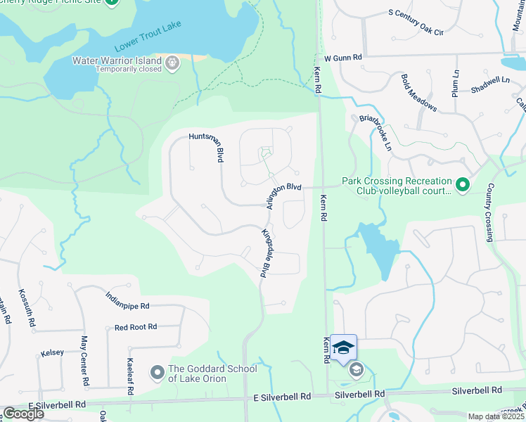 map of restaurants, bars, coffee shops, grocery stores, and more near 3123 Huntsman Boulevard in Lake Orion
