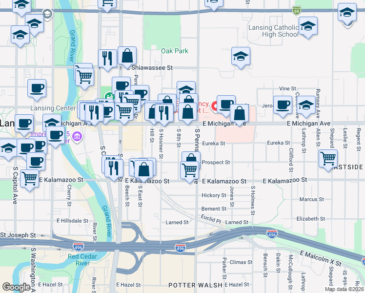 map of restaurants, bars, coffee shops, grocery stores, and more near 900 Eureka Street in Lansing