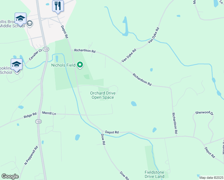map of restaurants, bars, coffee shops, grocery stores, and more near 44 Orchard Drive in Hollis