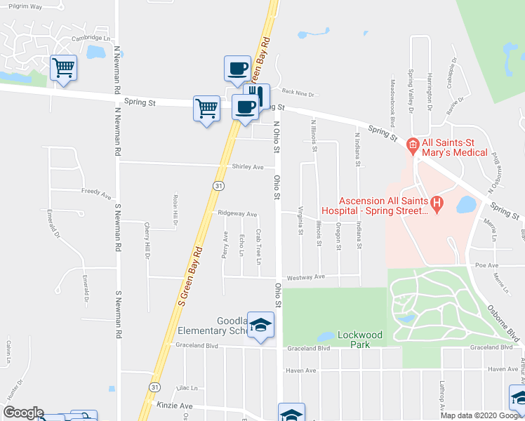 map of restaurants, bars, coffee shops, grocery stores, and more near 4800 Ridgeway Avenue in Racine