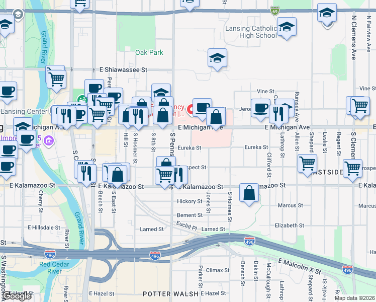 map of restaurants, bars, coffee shops, grocery stores, and more near 1026 Eureka Street in Lansing