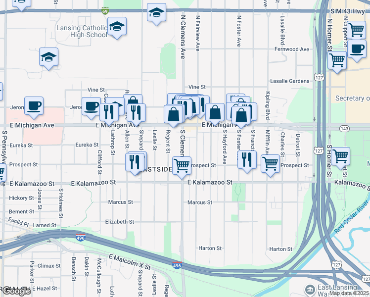 map of restaurants, bars, coffee shops, grocery stores, and more near 207 South Clemens Avenue in Lansing