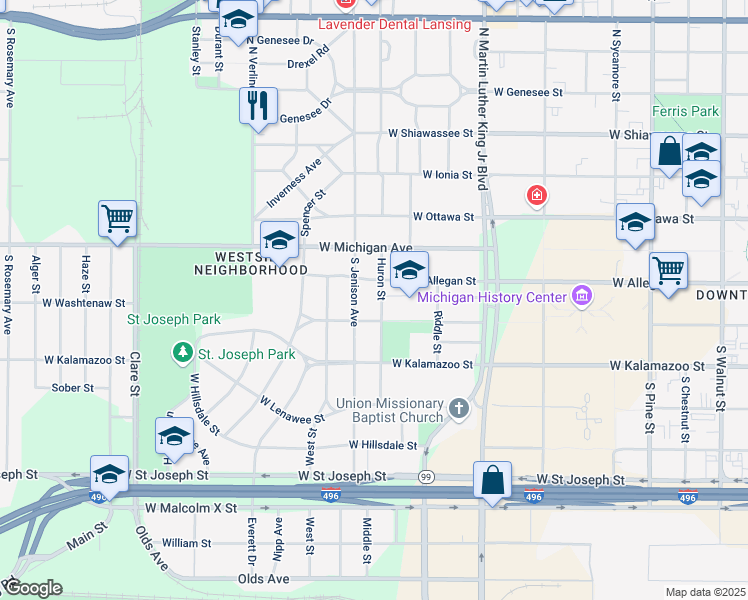 map of restaurants, bars, coffee shops, grocery stores, and more near 216 Huron Street in Lansing