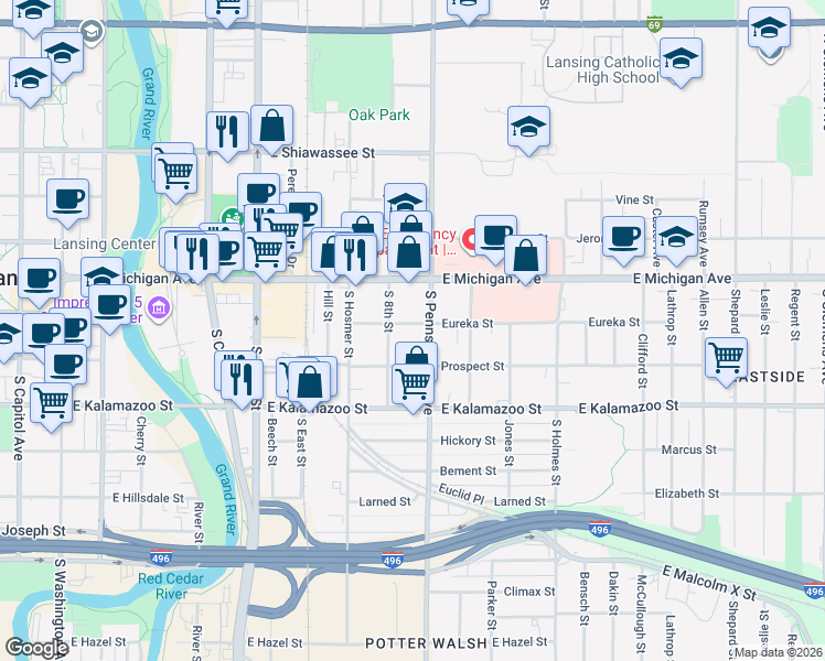 map of restaurants, bars, coffee shops, grocery stores, and more near 922 Eureka Street in Lansing
