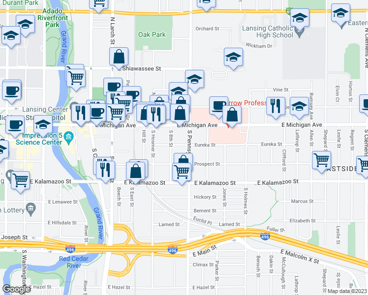 map of restaurants, bars, coffee shops, grocery stores, and more near 922 Eureka Street in Lansing