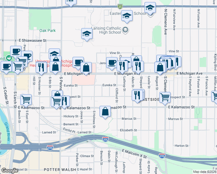 map of restaurants, bars, coffee shops, grocery stores, and more near 1346 Eureka Street in Lansing