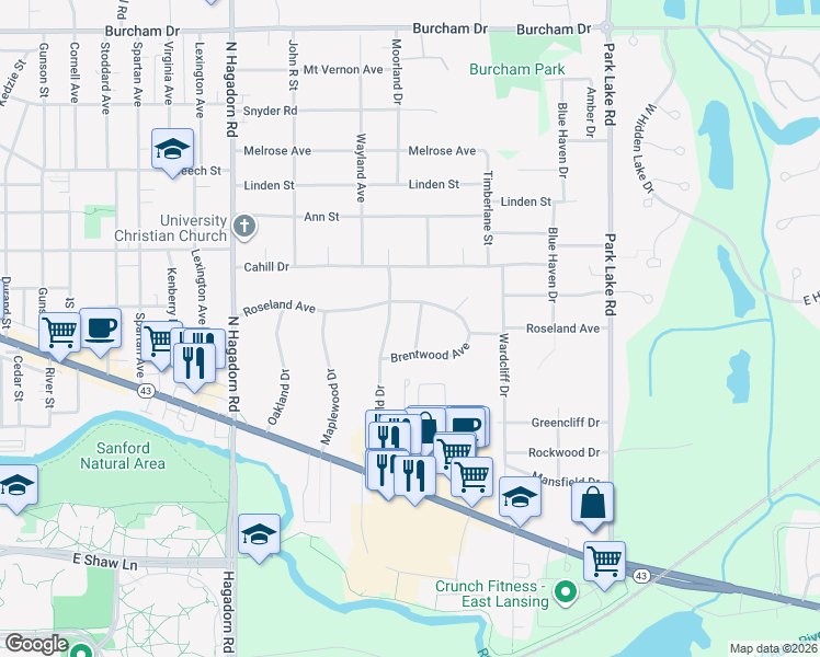 map of restaurants, bars, coffee shops, grocery stores, and more near 5205 Greenfield Parkway in East Lansing