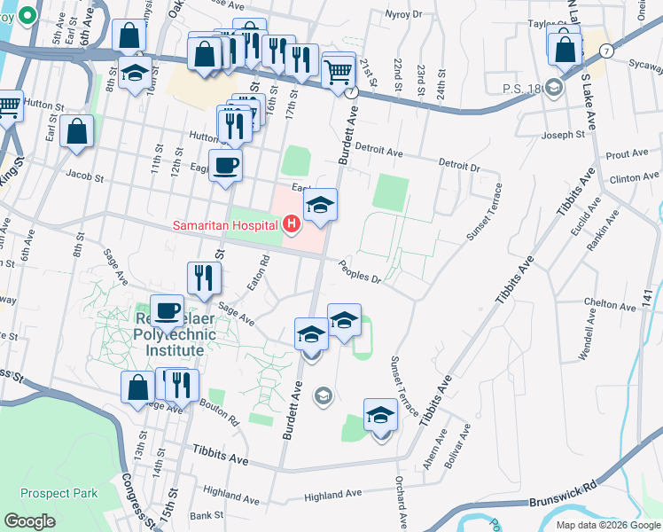 map of restaurants, bars, coffee shops, grocery stores, and more near 26-30 Peoples Dr in Troy