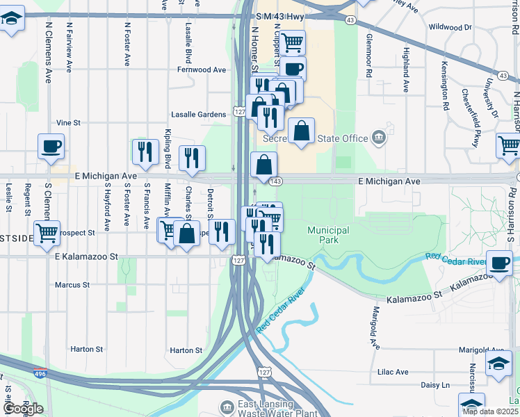 map of restaurants, bars, coffee shops, grocery stores, and more near 129 South Homer Street in Lansing