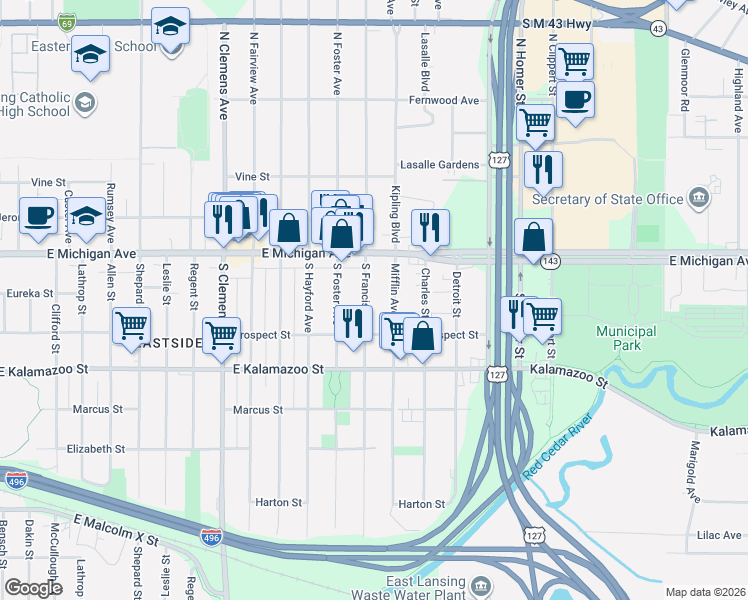 map of restaurants, bars, coffee shops, grocery stores, and more near 209 South Francis Avenue in Lansing