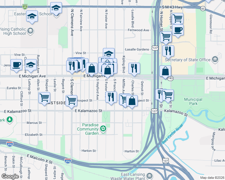 map of restaurants, bars, coffee shops, grocery stores, and more near 209 South Francis Avenue in Lansing