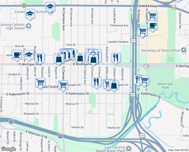 map of restaurants, bars, coffee shops, grocery stores, and more near 211 South Foster Avenue in Lansing