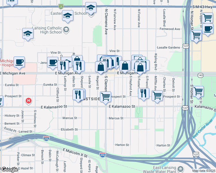 map of restaurants, bars, coffee shops, grocery stores, and more near 207 South Clemens Avenue in Lansing