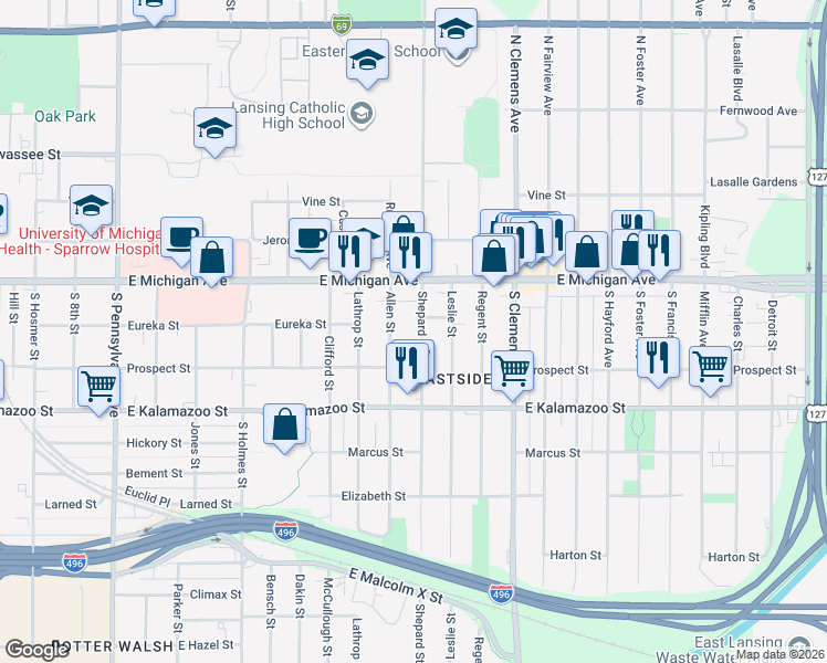 map of restaurants, bars, coffee shops, grocery stores, and more near 208 Shepard Street in Lansing