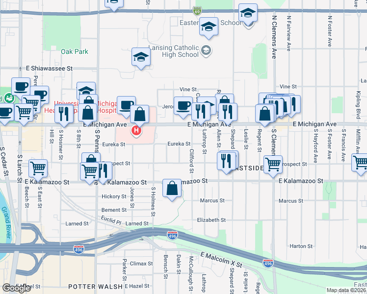 map of restaurants, bars, coffee shops, grocery stores, and more near 1346 Eureka Street in Lansing