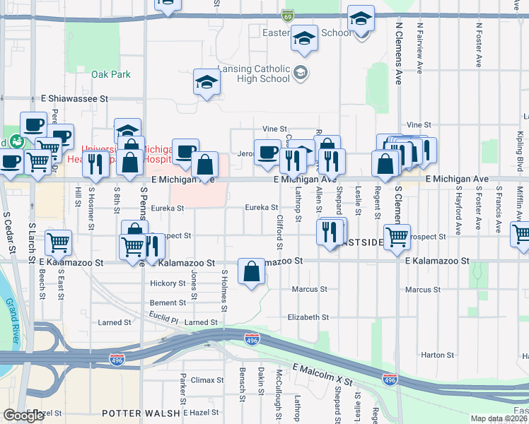 map of restaurants, bars, coffee shops, grocery stores, and more near 1346 Eureka Street in Lansing